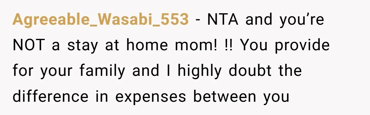 Agreeable_Wasabi_553 − NTA and you’re NOT a stay at home mom! !! You provide for your family and I highly doubt the difference in expenses between you