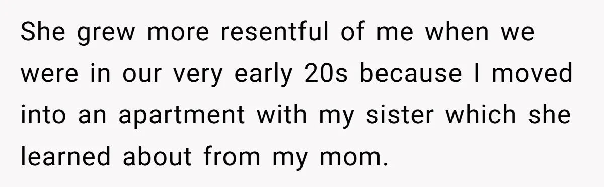 She grew more resentful of me when we were in our very early 20s because I moved into an apartment with my sister which she learned about from my mom.