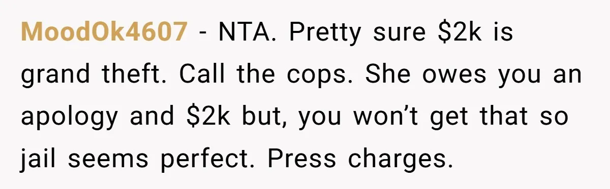 MoodOk4607 − NTA. Pretty sure $2k is grand theft. Call the cops. She owes you an apology and $2k but, you won’t get that so jail seems perfect. Press charges.