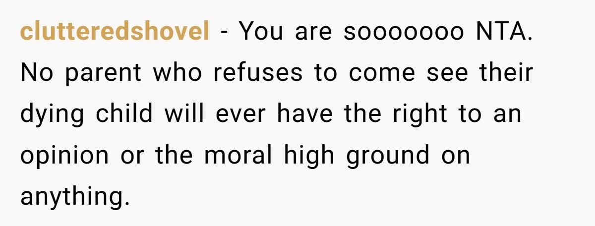 clutteredshovel − You are sooooooo NTA. No parent who refuses to come see their dying child will ever have the right to an opinion or the moral high ground on...