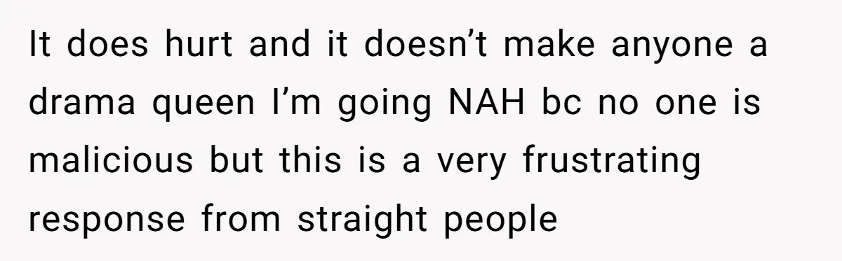It does hurt and it doesn’t make anyone a drama queen I’m going NAH bc no one is malicious but this is a very frustrating response from straight people