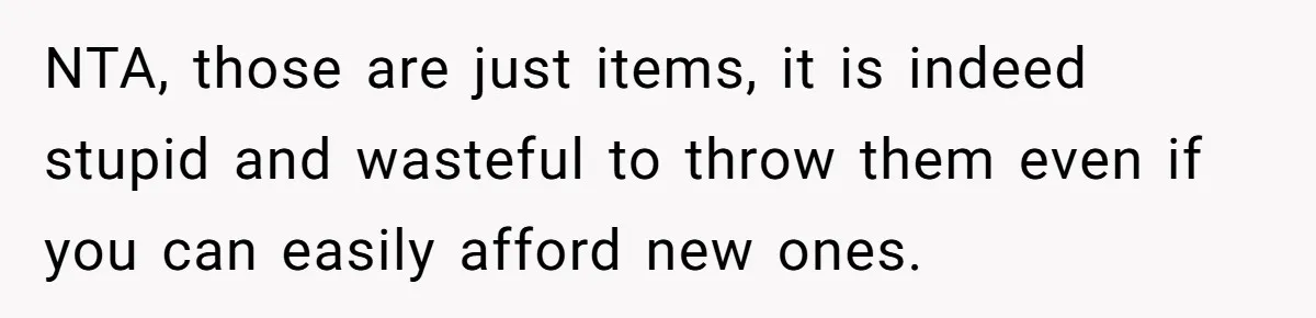 NTA, those are just items, it is indeed stupid and wasteful to throw them even if you can easily afford new ones.