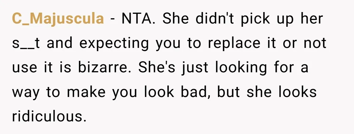 C_Majuscula − NTA. She didn't pick up her s__t and expecting you to replace it or not use it is bizarre. She's just looking for a way to make you...