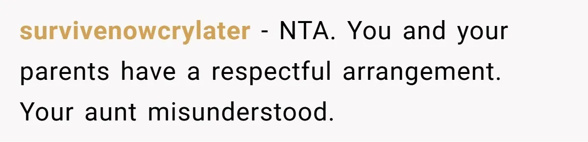 survivenowcrylater − NTA. You and your parents have a respectful arrangement. Your aunt misunderstood.
