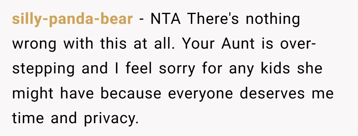 silly-panda-bear − NTA There's nothing wrong with this at all. Your Aunt is over-stepping and I feel sorry for any kids she might have because everyone deserves me time and...