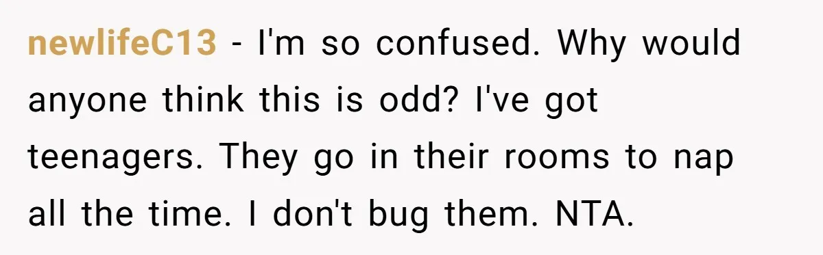 newlifeC13 − I'm so confused. Why would anyone think this is odd? I've got teenagers. They go in their rooms to nap all the time. I don't bug them. NTA.