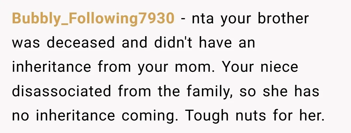 Bubbly_Following7930 − nta your brother was deceased and didn't have an inheritance from your mom. Your niece disassociated from the family, so she has no inheritance coming. Tough nuts for...