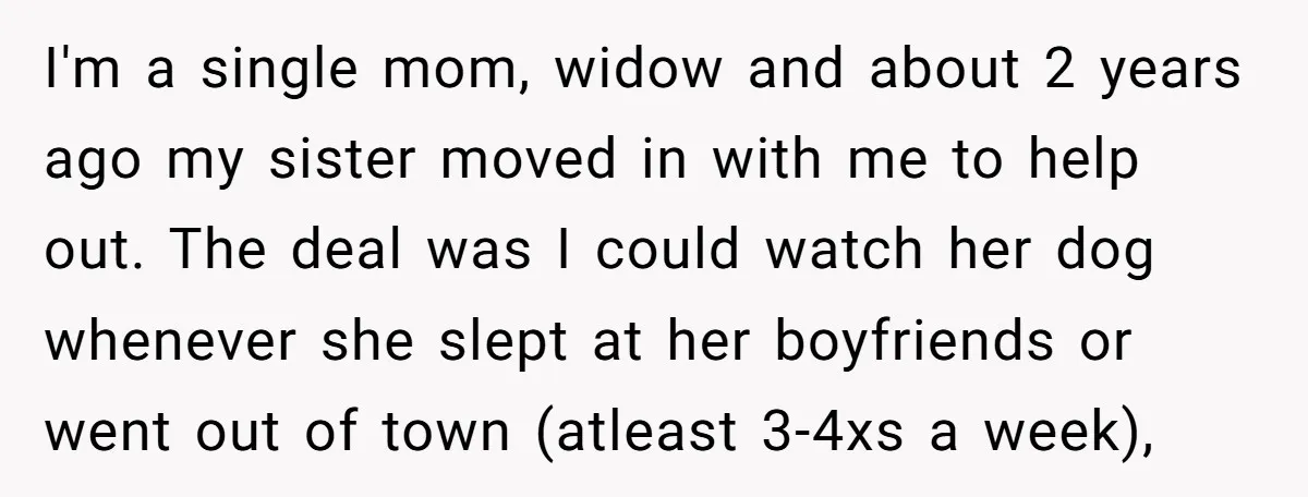 I'm a single mom, widow and about 2 years ago my sister moved in with me to help out. The deal was I could watch her dog whenever she slept...