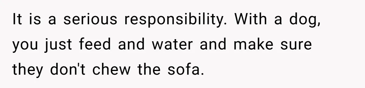 It is a serious responsibility. With a dog, you just feed and water and make sure they don't chew the sofa.
