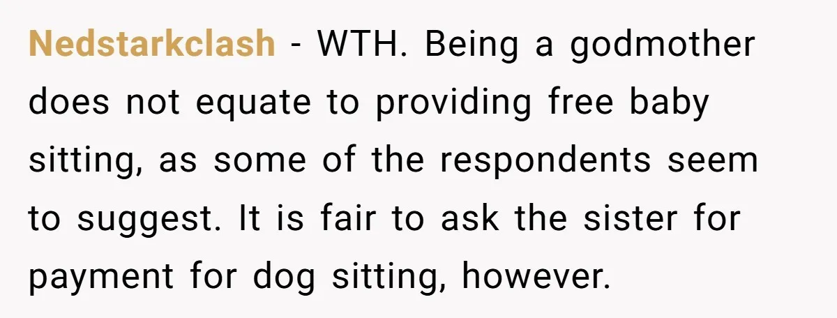 Nedstarkclash − WTH. Being a godmother does not equate to providing free baby sitting, as some of the respondents seem to suggest. It is fair to ask the sister for...