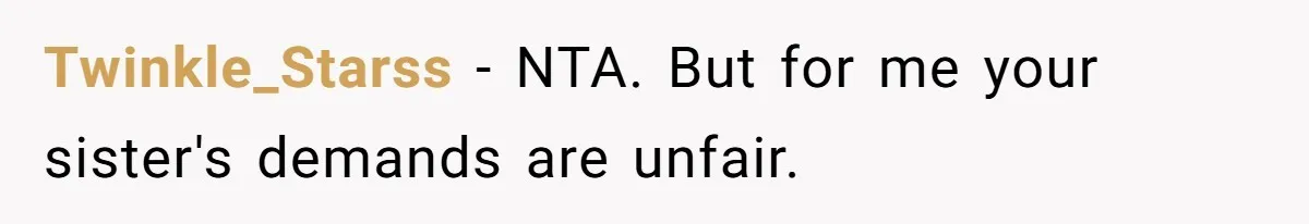 Twinkle_Starss − NTA. But for me your sister's demands are unfair.