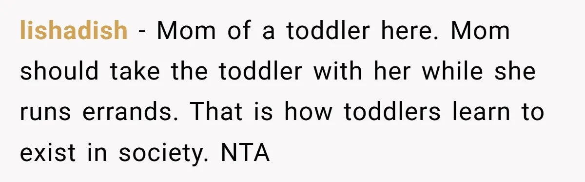 lishadish − Mom of a toddler here. Mom should take the toddler with her while she runs errands. That is how toddlers learn to exist in society. NTA