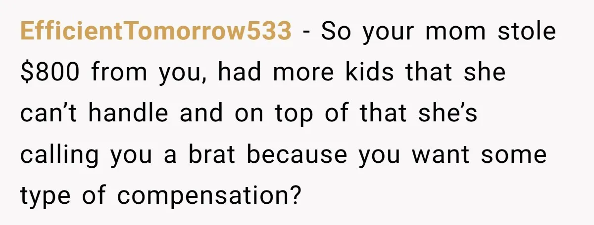 EfficientTomorrow533 − So your mom stole $800 from you, had more kids that she can’t handle and on top of that she’s calling you a brat because you want some...