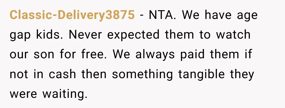 Classic-Delivery3875 − NTA. We have age gap kids. Never expected them to watch our son for free. We always paid them if not in cash then something tangible they were...