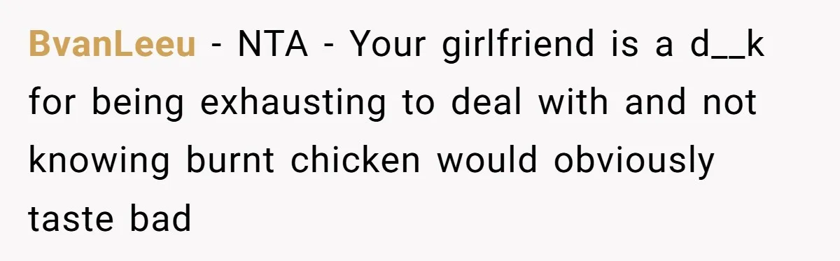 BvanLeeu − NTA - Your girlfriend is a d__k for being exhausting to deal with and not knowing burnt chicken would obviously taste bad