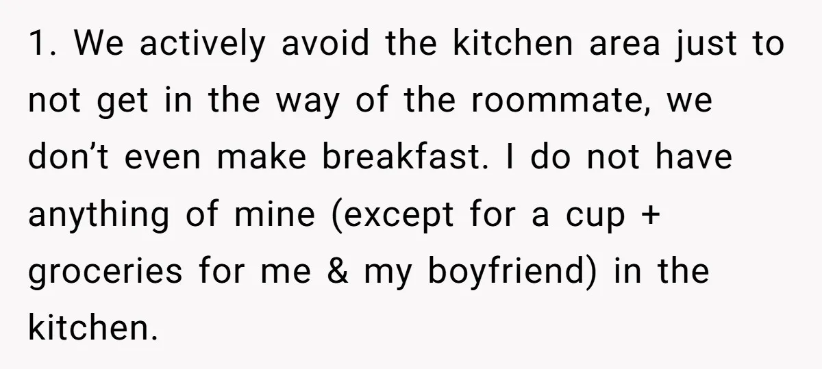 1. We actively avoid the kitchen area just to not get in the way of the roommate, we don’t even make breakfast. I do not have anything of mine (except...