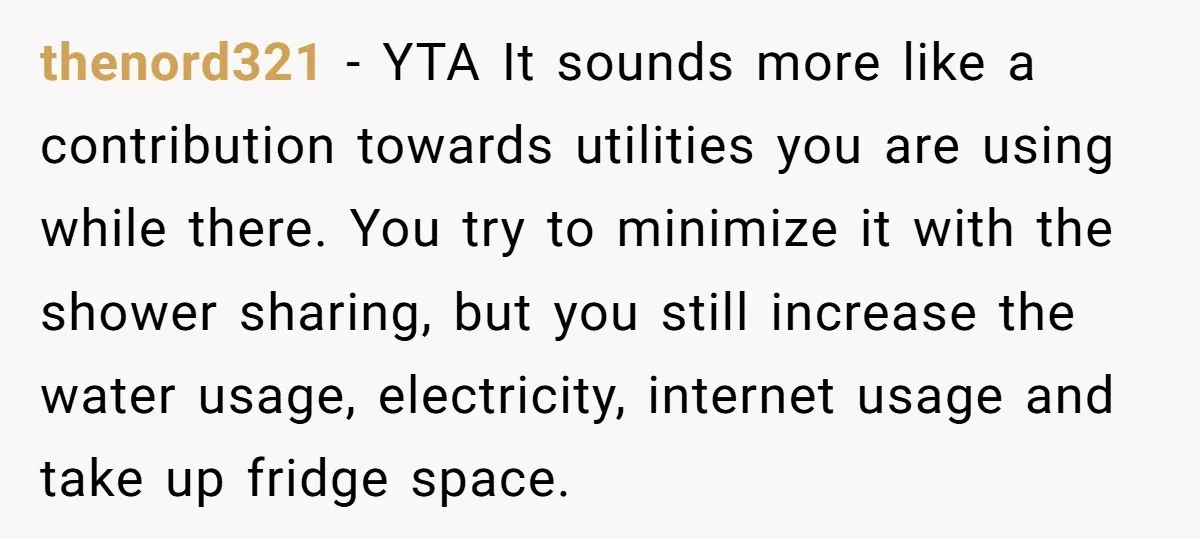 thenord321 − YTA It sounds more like a contribution towards utilities you are using while there. You try to minimize it with the shower sharing, but you still increase the...