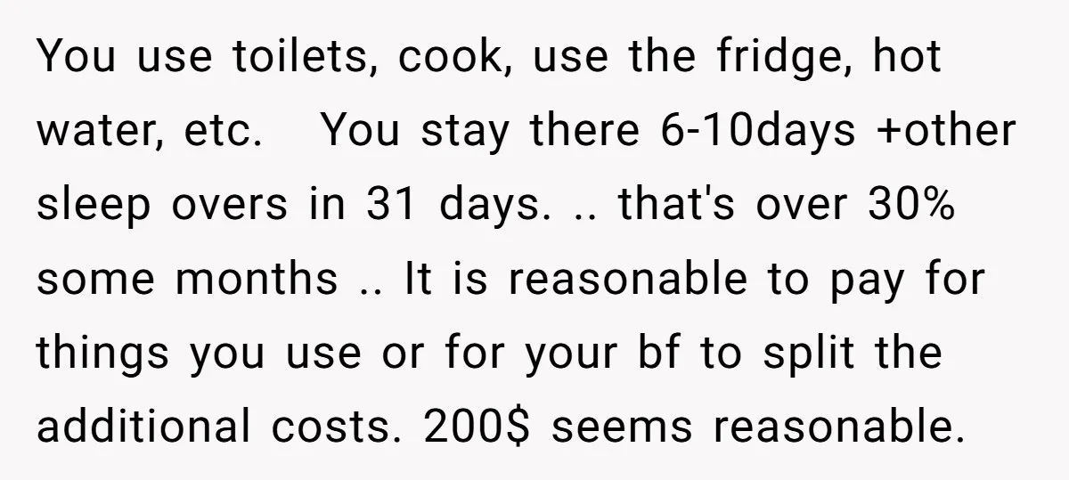 You use toilets, cook, use the fridge, hot water, etc. You stay there 6-10days +other sleep overs in 31 days. .. that's over 30% some months .. It is reasonable...