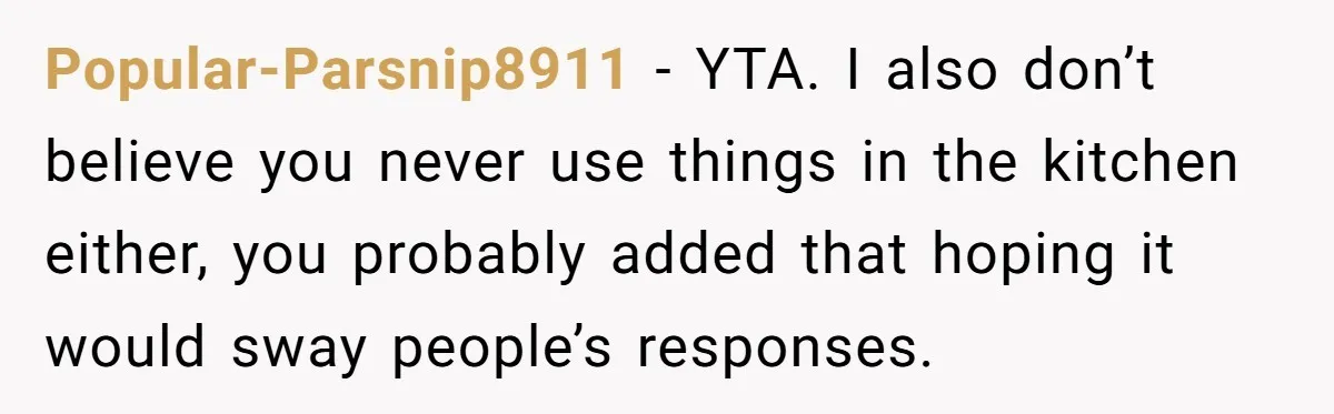 Popular-Parsnip8911 − YTA. I also don’t believe you never use things in the kitchen either, you probably added that hoping it would sway people’s responses.