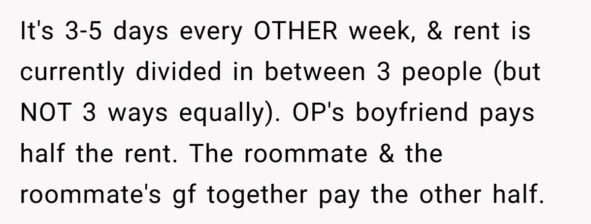 It's 3-5 days every OTHER week, & rent is currently divided in between 3 people (but NOT 3 ways equally). OP's boyfriend pays half the rent. The roommate & the...