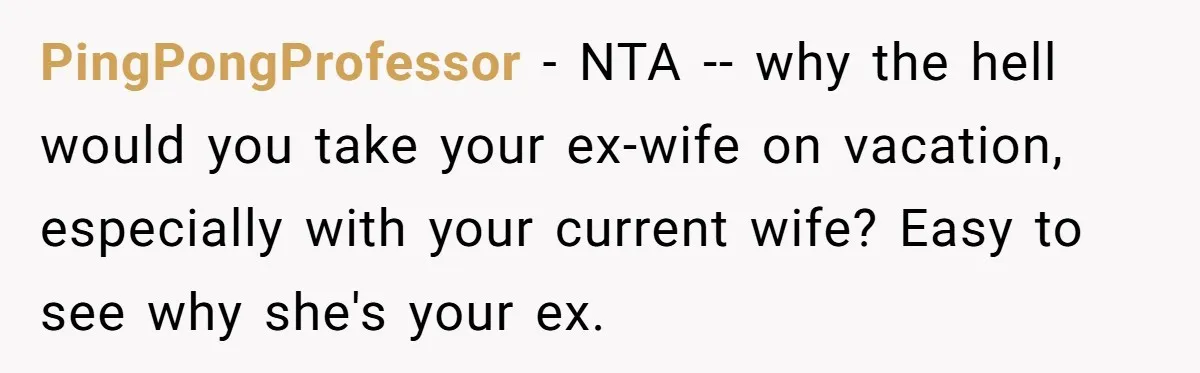 PingPongProfessor − NTA -- why the hell would you take your ex-wife on vacation, especially with your current wife? Easy to see why she's your ex.