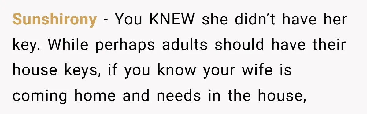Sunshirony − You KNEW she didn’t have her key. While perhaps adults should have their house keys, if you know your wife is coming home and needs in the house,