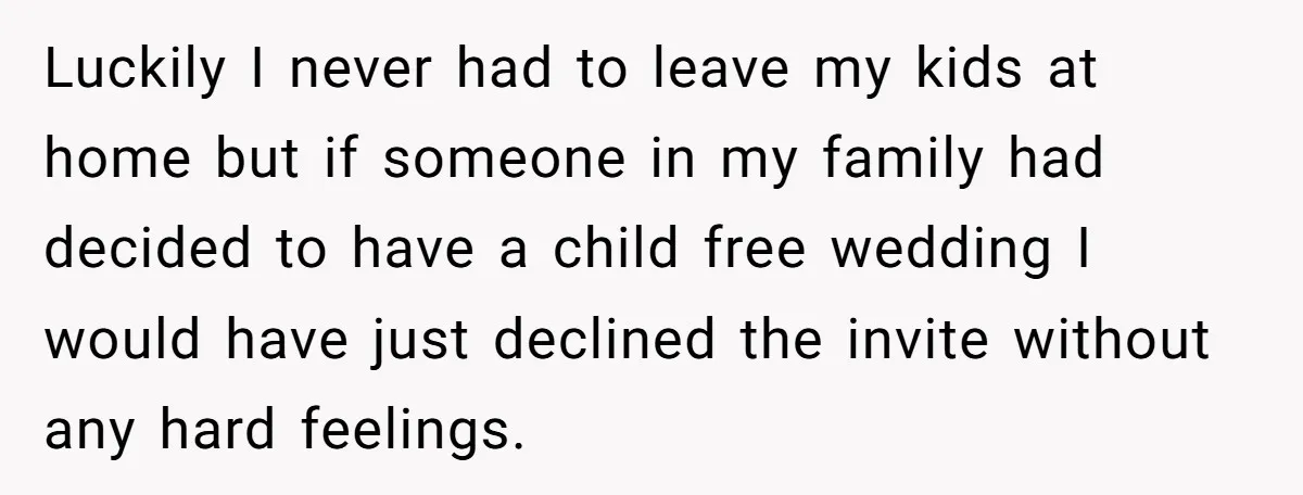 Luckily I never had to leave my kids at home but if someone in my family had decided to have a child free wedding I would have just declined the...