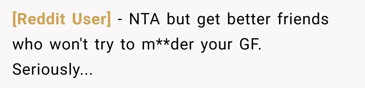 [Reddit User] − NTA but get better friends who won't try to m**der your GF. Seriously...