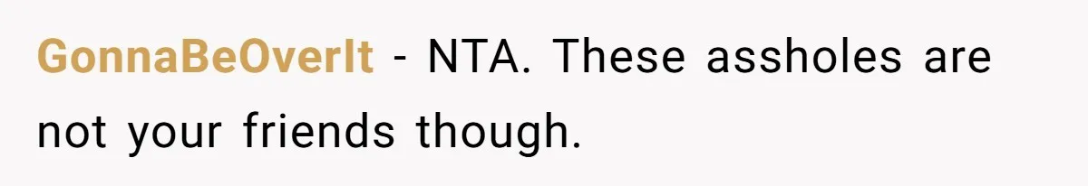 GonnaBeOverIt − NTA. These assholes are not your friends though.
