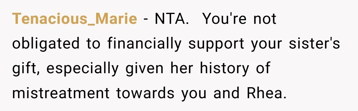 Tenacious_Marie − NTA. You're not obligated to financially support your sister's gift, especially given her history of mistreatment towards you and Rhea.