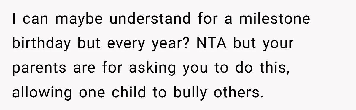 I can maybe understand for a milestone birthday but every year? NTA but your parents are for asking you to do this, allowing one child to bully others.