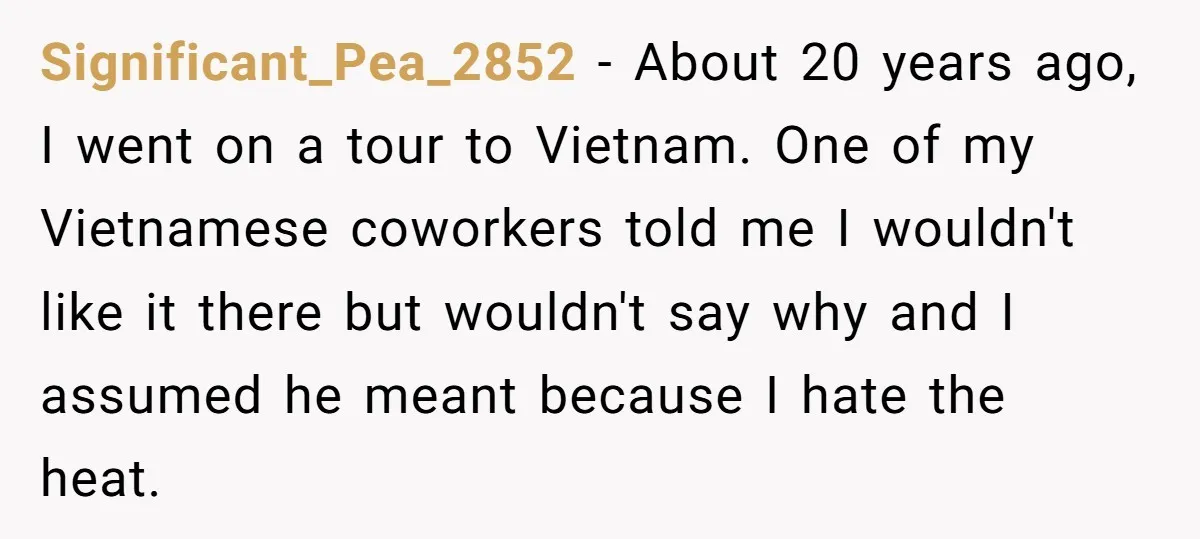 Significant_Pea_2852 − About 20 years ago, I went on a tour to Vietnam. One of my Vietnamese coworkers told me I wouldn't like it there but wouldn't say why and...