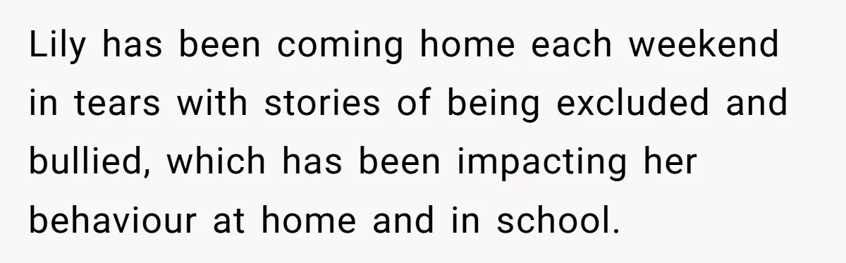 Lily has been coming home each weekend in tears with stories of being excluded and bullied, which has been impacting her behaviour at home and in school.