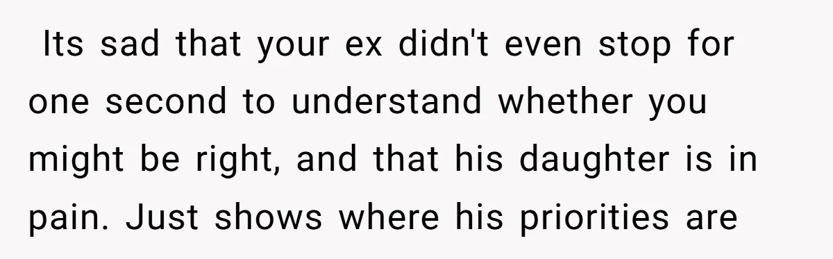 ​ Its sad that your ex didn't even stop for one second to understand whether you might be right, and that his daughter is in pain. Just shows where his...
