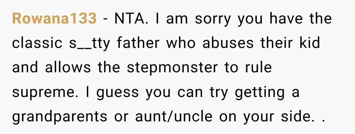Rowana133 − NTA. I am sorry you have the classic s__tty father who abuses their kid and allows the stepmonster to rule supreme. I guess you can try getting a...