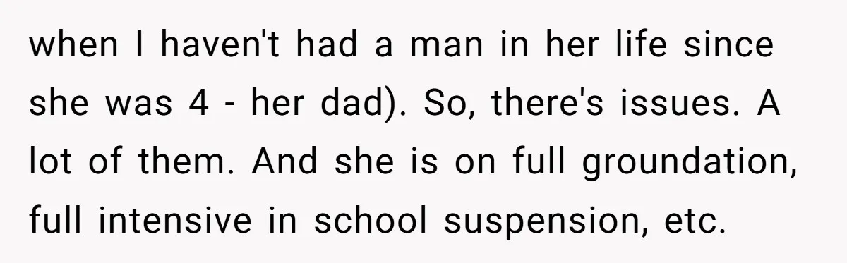 when I haven't had a man in her life since she was 4 - her dad). So, there's issues. A lot of them. And she is on full groundation, full...