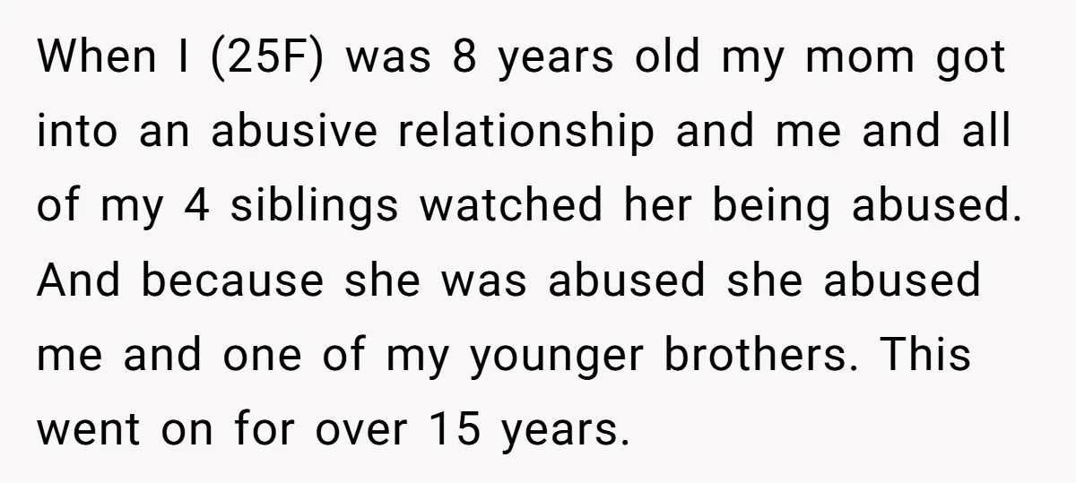 When I (25F) was 8 years old my mom got into an abusive relationship and me and all of my 4 siblings watched her being abused. And because she was...