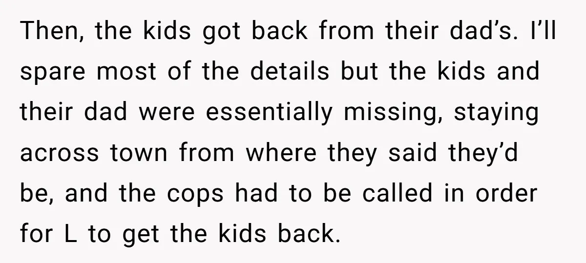 Then, the kids got back from their dad’s. I’ll spare most of the details but the kids and their dad were essentially missing, staying across town from where they said...