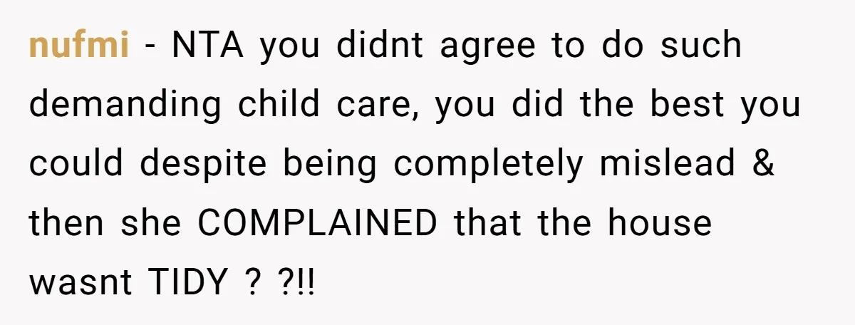 nufmi − NTA you didnt agree to do such demanding child care, you did the best you could despite being completely mislead & then she COMPLAINED that the house wasnt...