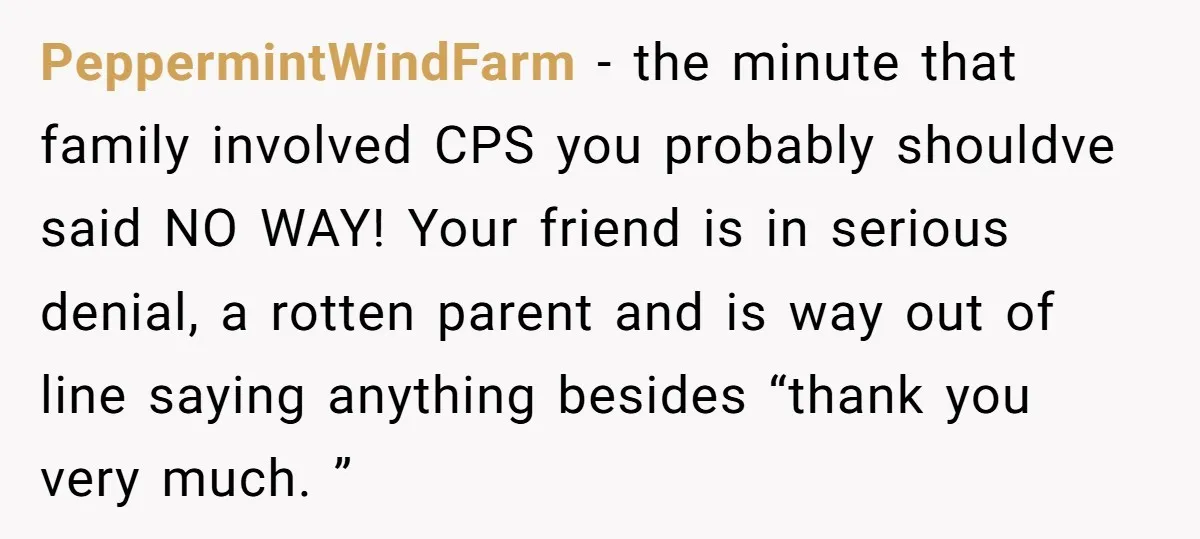 PeppermintWindFarm − the minute that family involved CPS you probably shouldve said NO WAY! Your friend is in serious denial, a rotten parent and is way out of line saying...
