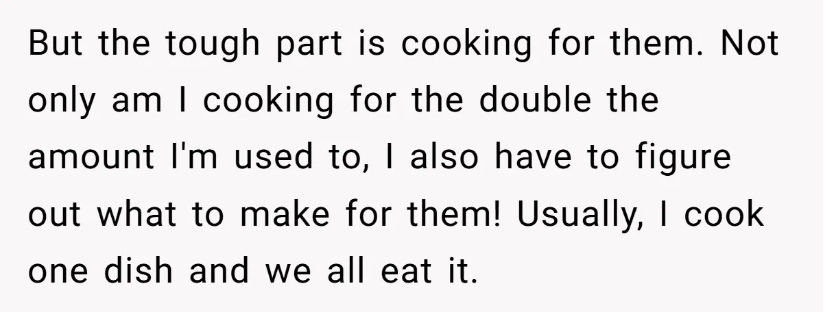 But the tough part is cooking for them. Not only am I cooking for the double the amount I'm used to, I also have to figure out what to make...