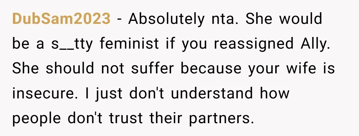 DubSam2023 − Absolutely nta. She would be a s__tty feminist if you reassigned Ally. She should not suffer because your wife is insecure. I just don't understand how people don't...