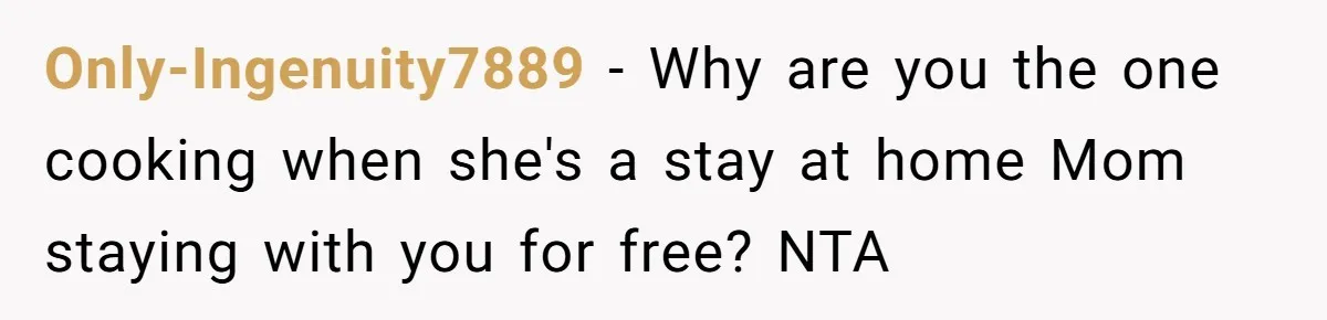 Only-Ingenuity7889 − Why are you the one cooking when she's a stay at home Mom staying with you for free? NTA