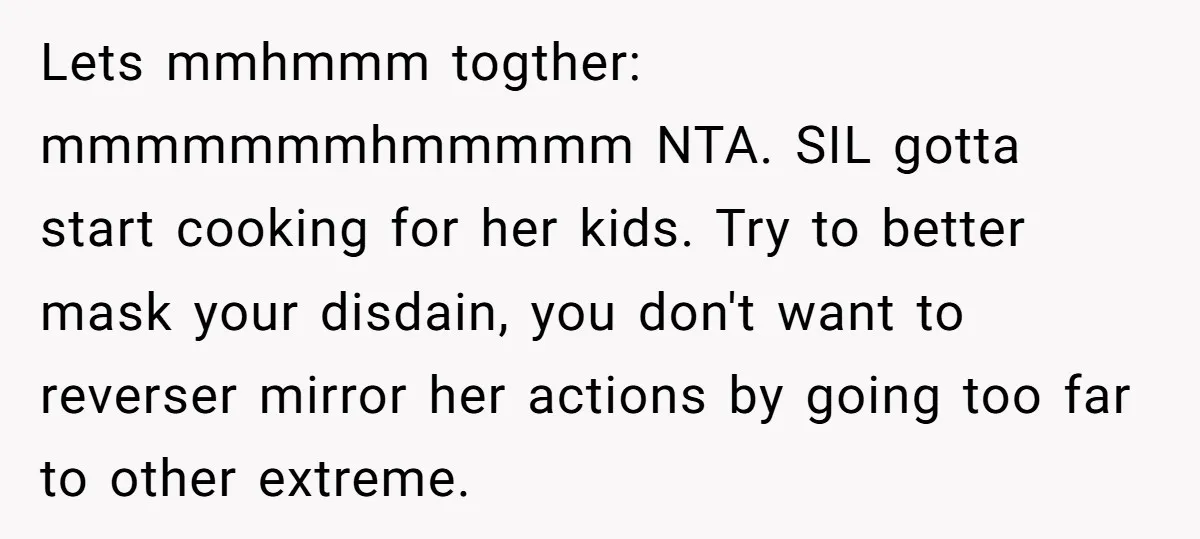 Lets mmhmmm togther: mmmmmmmhmmmmm NTA. SIL gotta start cooking for her kids. Try to better mask your disdain, you don't want to reverser mirror her actions by going too far...