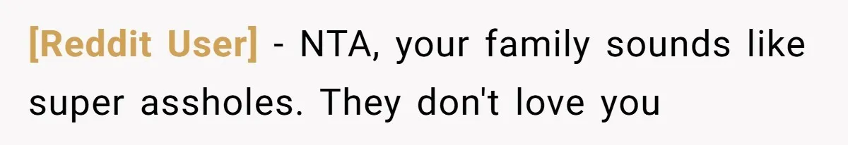 [Reddit User] − NTA, your family sounds like super assholes. They don't love you