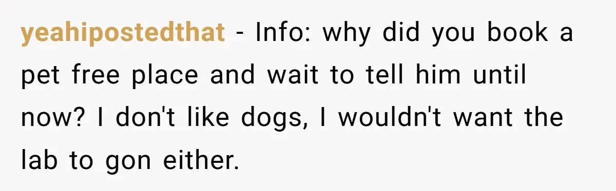 yeahipostedthat − Info: why did you book a pet free place and wait to tell him until now? I don't like dogs, I wouldn't want the lab to gon either.