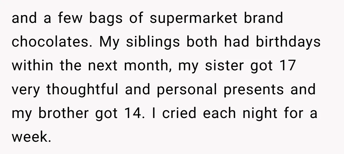 and a few bags of supermarket brand chocolates. My siblings both had birthdays within the next month, my sister got 17 very thoughtful and personal presents and my brother got...