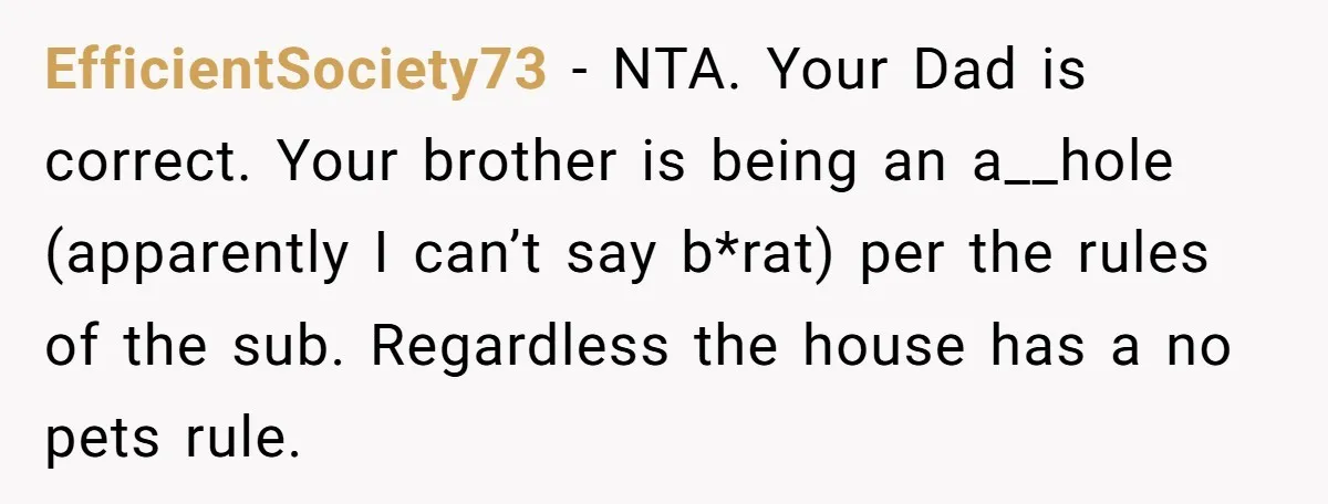 EfficientSociety73 − NTA. Your Dad is correct. Your brother is being an a__hole (apparently I can’t say b*rat) per the rules of the sub. Regardless the house has a no...