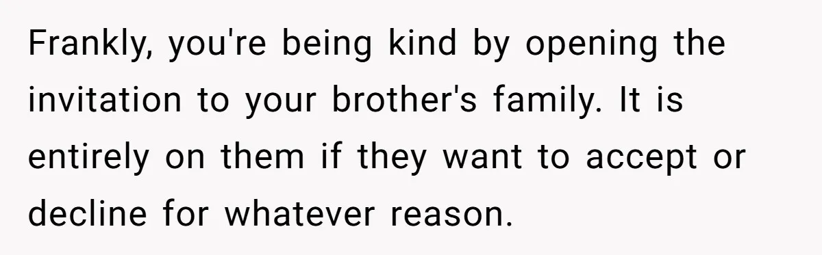 Frankly, you're being kind by opening the invitation to your brother's family. It is entirely on them if they want to accept or decline for whatever reason.