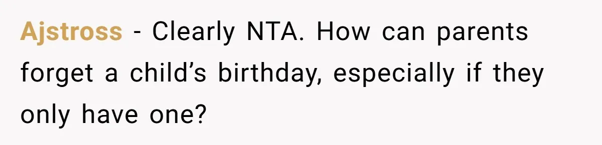 Ajstross − Clearly NTA. How can parents forget a child’s birthday, especially if they only have one?